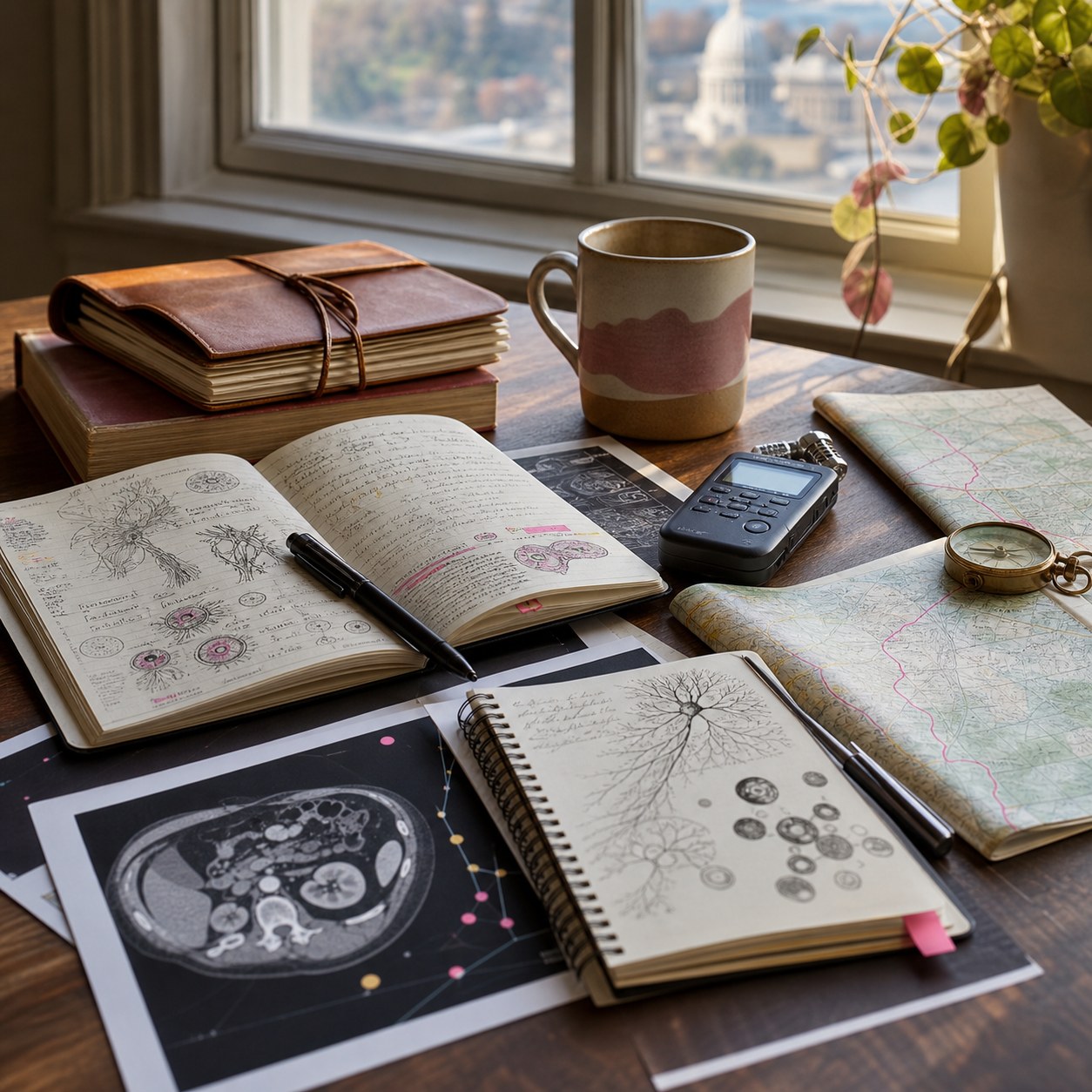 Warm desk still life with notebooks, travel materials, audio gear, and imaging research papers.