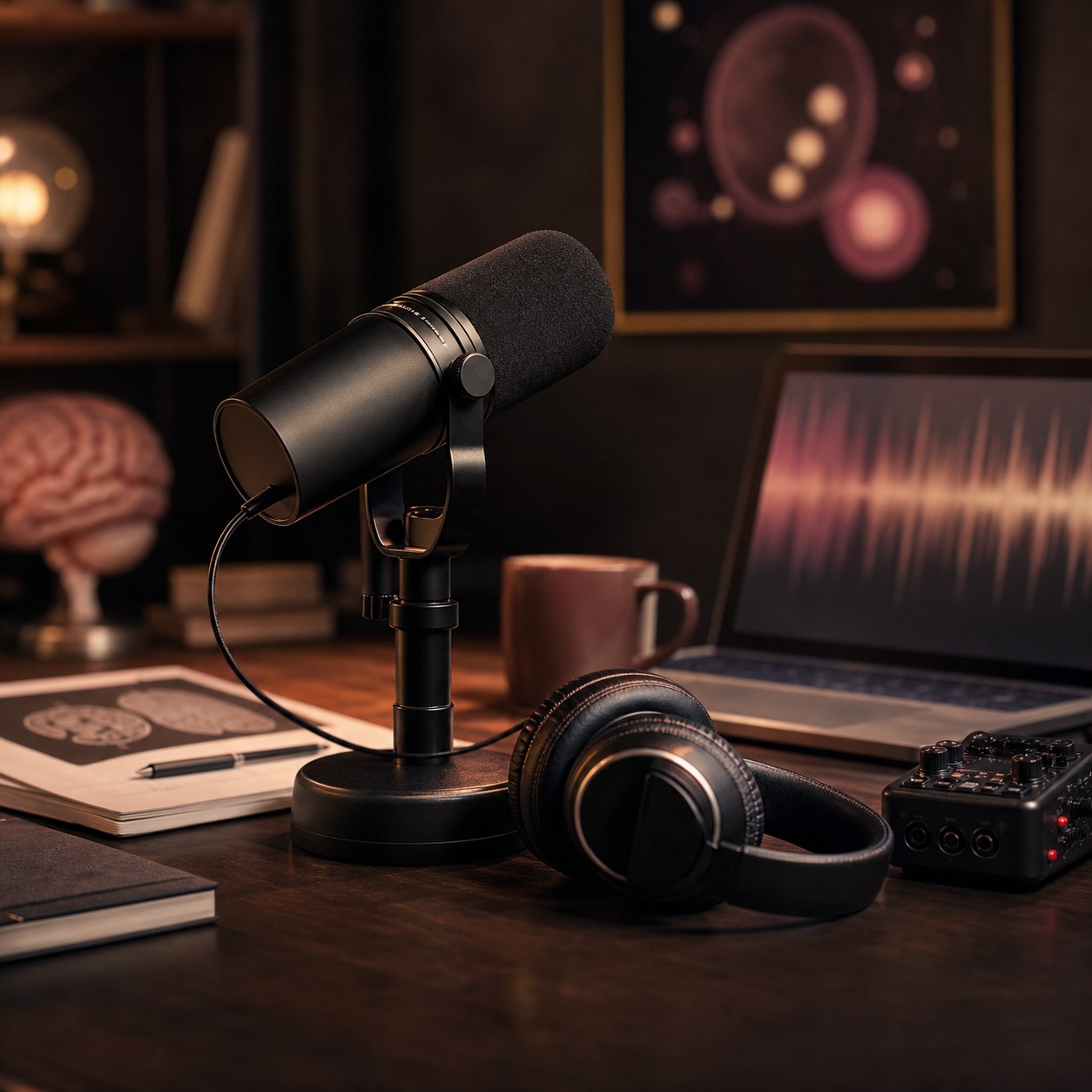 Podcast studio desk with microphone, headphones, audio waveform, and science communication notes.